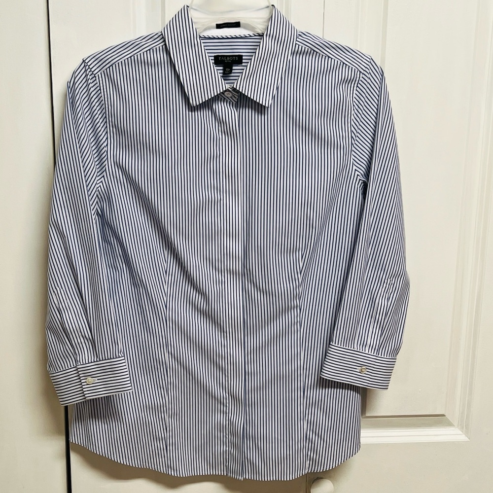 Talbots White and Blue Striped Fitted Mid Sleeve Top Size 10P